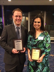 KBIA's Ryan Famuliner and Sara Shahriari accepted the awards at a banquet in St. Louis on Saturday, June 25, 2016. Photo: Kelly Famuliner.