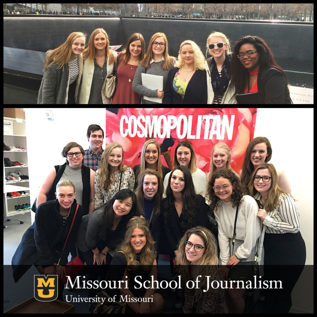 Mizzou Magazine Club students visit the 9/11 memorial (top) and Cosmopolitan Magazine. Photos: Brittany Emond.