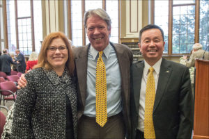 From left: Provost Garnett Stokes; Major Garrett, BA, BJ '84; University of Missouri System President Mun Choi. Photo: Scott Peterson.