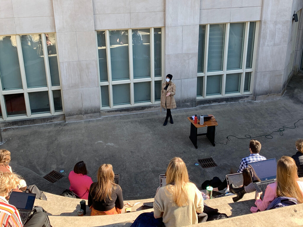 Assistant Professor Kat Lucchesi takes advantage of today's unseasonably warm temperatures – low 50s – and held class this afternoon in the amphitheater outside the Futures Lab, where she normally teaches J4180, Newsroom Content Creation. The forecast for the next seven days calls for temperatures as low as 2 degrees below zero. Photo by Nate Brown | copyright: 2021 - Curators of the University of Missouri