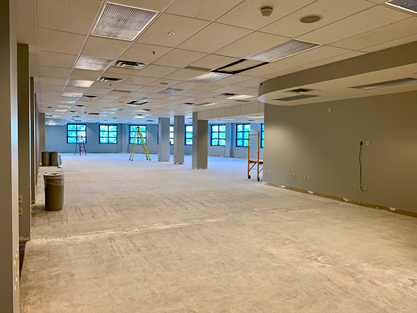 Second floor of Lee Hills Hall, formerly the home of the Columbia Missourian newsroom, is stripped down to the bare concrete as part of its renovation into a shared newsroom for all of the School's professional news outlets. | Photo: Nate Brown