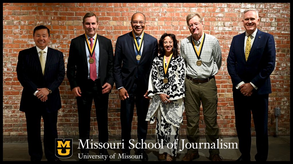 Missouri Honor Medals 2021. L-R: Mun Choi; Richard Edelman; Eugene Robinson; Maria Hinojosa; Tom Knudson; David Kurpius