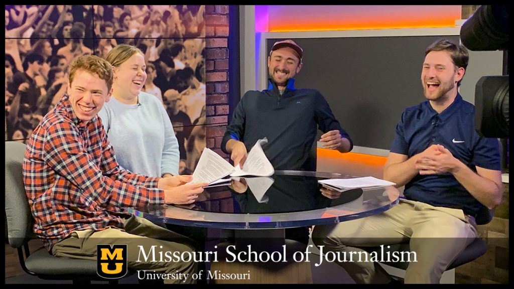 Wilson Moore, Emily Leiker, Calum McAndrew and Gerald Hopkins Columbia Missourian sports writers Wilson Moore, Emily Leiker and Calum McAndrew share a laugh with host Gerald Hopkins, right, while watching the viral video of McAndrew's interaction with Mizzou Football RB Tyler Badie, which opens the football talk show recorded on Nov. 1 in the RJI TV studio. Photo by Nate Brown | copyright: 2021 - Curators of the University of Missouri.
