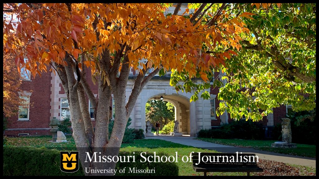 Missouri School of Journalism arch in fall