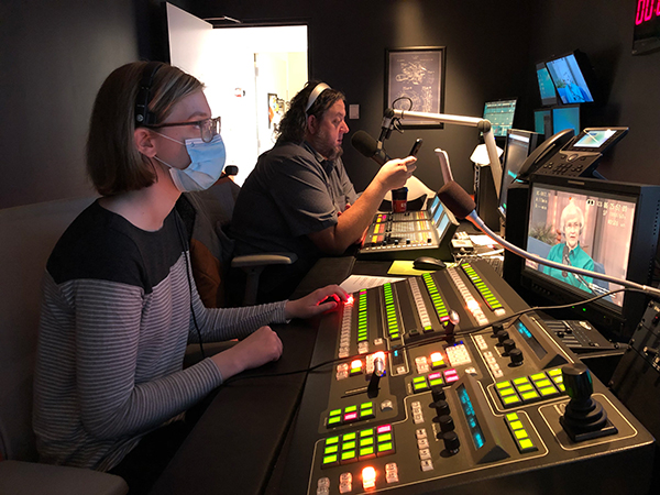 Maggie Turner serves as both director and technical director (alongside audio engineer Aaron Hay) during a recording of an episode of Radio Friends with Paul Pepper. Photo: Travis McMillen