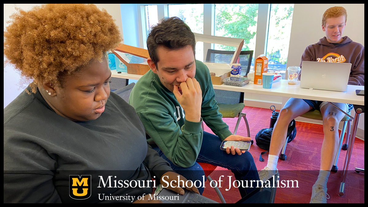 Missouri School of Journalism students Mikayla Higgins and Adam Goldstein edit an interview with a St. Louis resident who experienced flooding to create a social media post as part of the ‘When It Rains’ series.