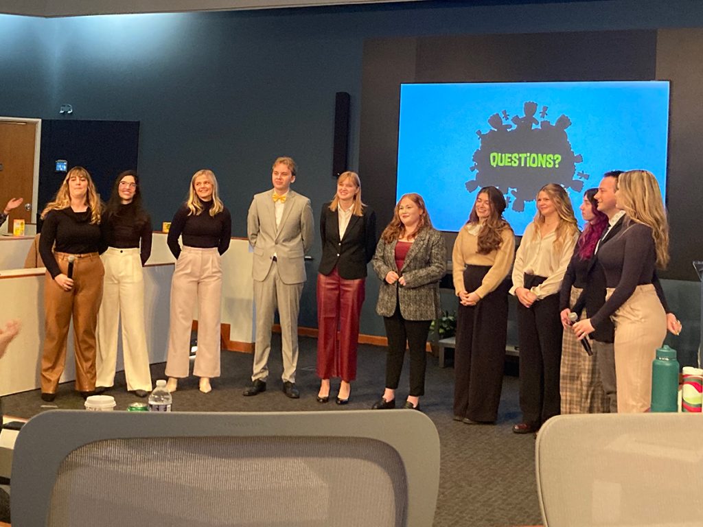 MOJO Ad team menagerie react to the audience questions after presenting their campaign to Fall 2022 client Sour Patch Kids on Dec. 7, 2022 in Smith Forum, Reynolds Journalism Institute.