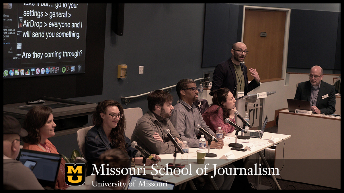 Jonathan B. Murray Center for Documentary Journalism Filmmaker in Chief Robert Greene moderates a panel during the Based on a True Story Conference in Smith Forum at the Reynolds Journalism Institute on March 5, 2020.