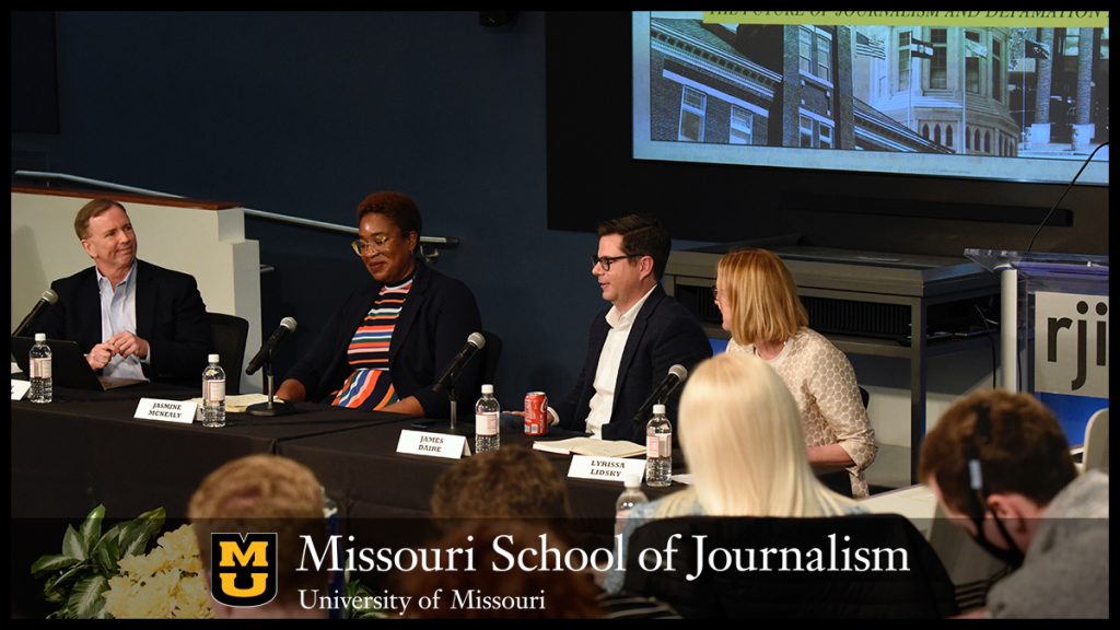 Frank LoMonte, Jasmine McNealy, James Daire, Lyrissa Lidsky Social Media Panel. Photo by Nate Brown | copyright: 2023 - Curators of the University of Missouri.