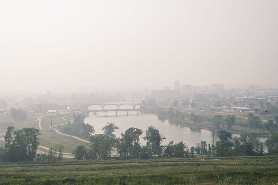 Haze obscures the skyline in Cedar Rapids, Iowa, this summer, when smoke from wildfires in Canada caused low air quality and obscured visibility. Photo courtesy of The Gazette.