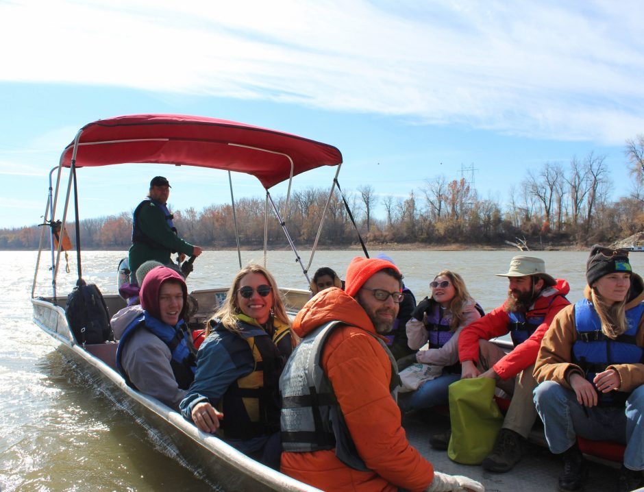 Ag & Water Desk journalists and MU journalism students tour the Missouri River near Columbia, with Missouri River Relief in October 2022. Photo courtesy of Annie Ropeik, Ag & Water Desk.