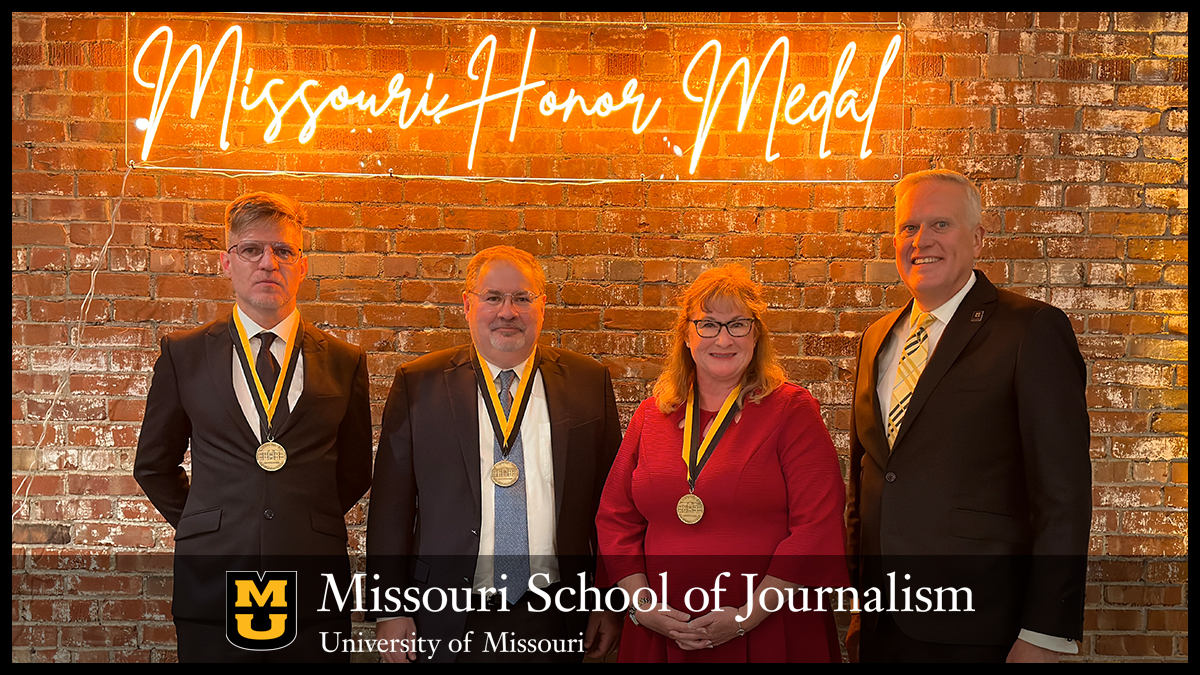Missouri Honor Medal. Left to right: Paul Radu, Drew Sullivan, Linda Rutherford and Dean David Kurpius