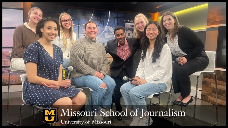 Detour student contributors in the RJI studio with founder Ron Stodghill. Back row, from left: Kristin Kuchno, Rylee Fels, Lucy Caile, Taylor Schmitt Front row, from left: Olivia Gyapong, Brooke Muckerman, Ron Stodghill, Cela Migan
