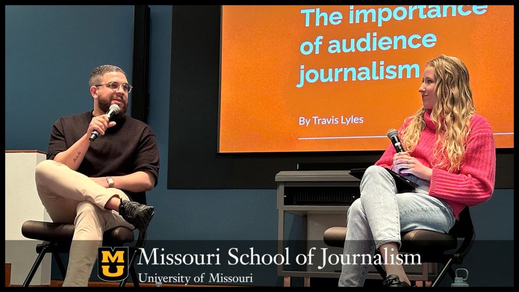 Senior Emily Hood, right, moderates a discussion with Travis Lyles, deputy director of social at The Washington Post, April 10, 2024, in RJI Smith Forum. Lyles' visit kicked off the new Audience Speaker series. Photo: Nate Brown