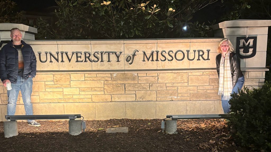 Heather Peters and her husband Brad on campus in 2023. The two met at Mizzou and both graduated in 1999. 