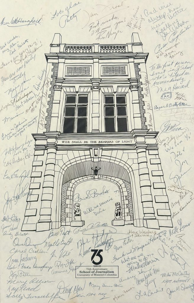 Drawing of the Journalism arch from the school's 75th anniversary filled with signatures from faculty, staff and students for Bettie J. Koelling when she retired