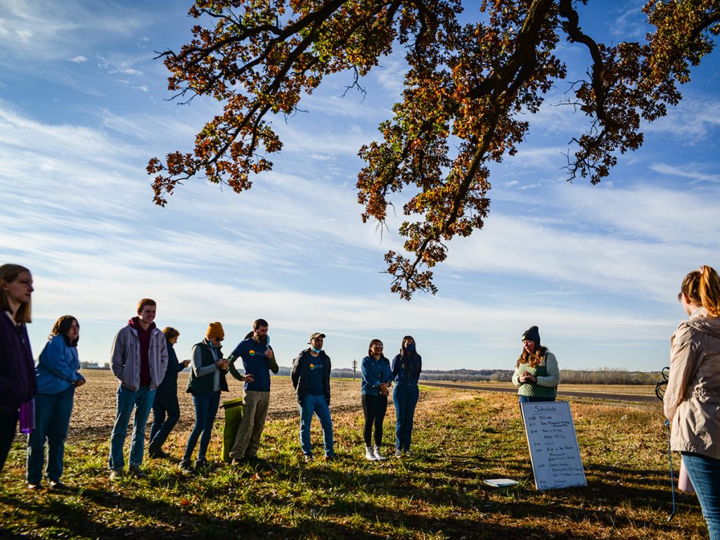 Ag & Water Desk reporters and student journalists learned about floodplain farming at The Big Tree outside Columbia, Missouri, with Missouri River Relief in October 2022. Photo: Halle Parker | WWNO