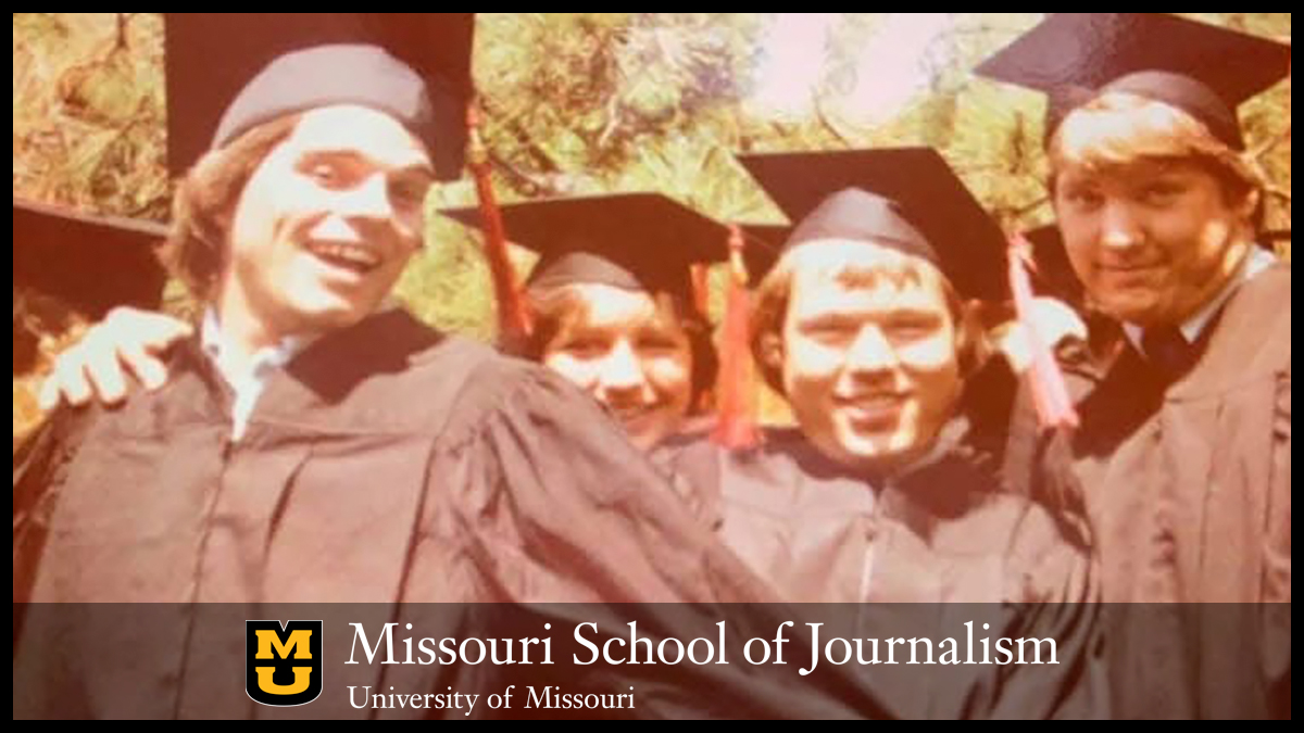 (L-R) Dennis Dodd, Jane Gordon, Greg Henry, Tom Shatel. At graduation, May 10, 1980.