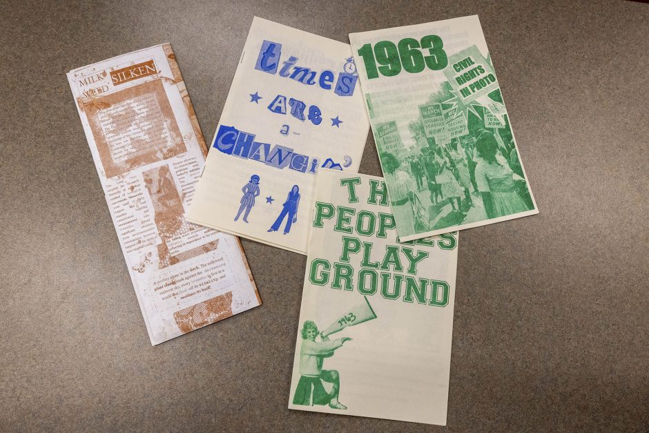 Some of the zines that were created in a section of Mary Karcher's Introduction to Visual Studies course. Karcher, a doctoral student in visual studies, said the students also learned the value of collaboration through their projects.