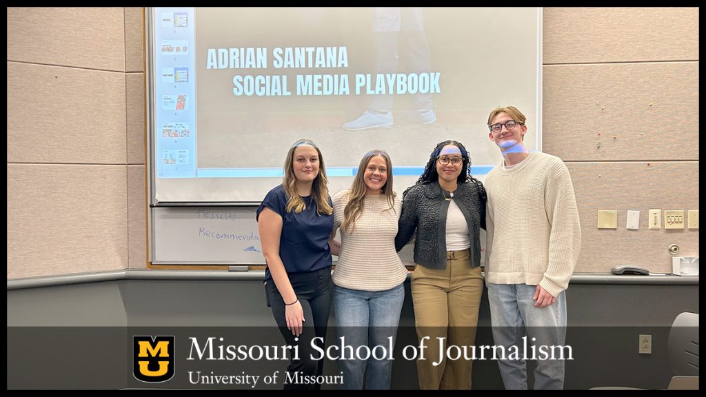 From left: Mizzou students Sophie Pfal, Emily Gerhart, Bradyn Johnson and Carter Waghorne present their research-based plan book developed for Tampa Bay Rays 2023 first-round pick Adriana Santana.