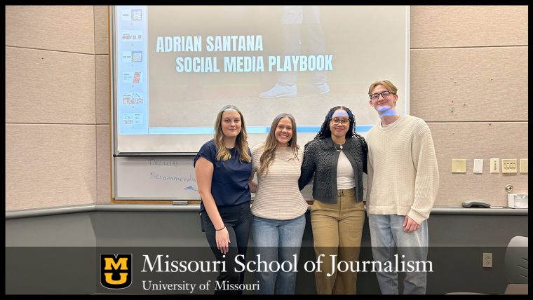 From left: Mizzou students Sophie Pfal, Emily Gerhart, Bradyn Johnson and Carter Waghorne present their research-based plan book developed for Tampa Bay Rays 2023 first-round pick Adriana Santana.