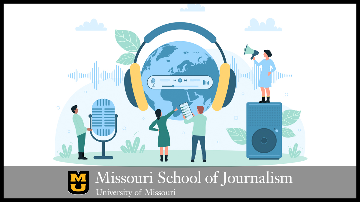 Illustration of people with a giant microphone, giant headphons on a giant globe and a bullhorn on a giant speaker