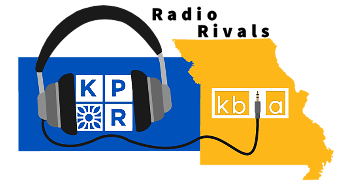 Radio Rivals: Maps of Kansas with a KPR logo and Missouri with a KBIA logo, with headphoness around the KPR logo and the audio jack over the I in KBIA.