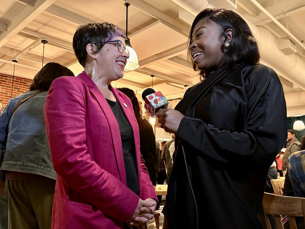 KOMU reporter Bethany Cates, right, interviews Barbara Buffaloe after the mayor’s victory speech on April 8, 2025, at Buffaloe's watch party. Photo by Nate Brown