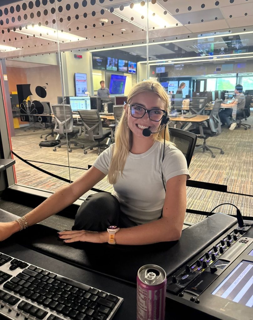 Morgan sits in the booth during the filming of Mizzou Xtra, a 30-minute studio show. She is responsible for timing the show and making sure all graphics, videos and show elements run smoothly.