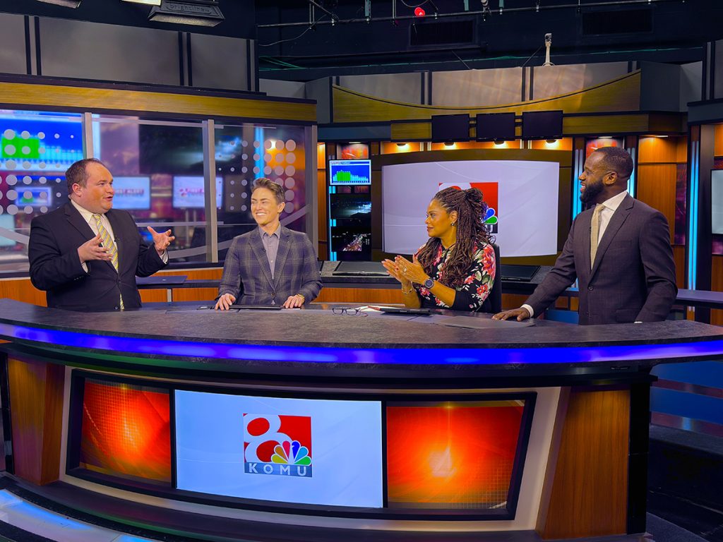 Meteorologist Matt Beckwith, left, and news anchors Taylor Freeman and Evie Allen visit with Aaron Ladd during the 6 p.m. newscast on Jan. 7, 2026. The three asked Ladd about his career and hobbies. Photo: Nate Brown

