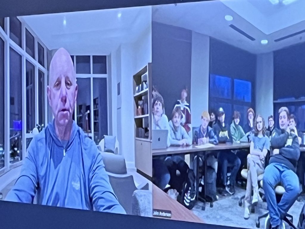 Longtime play-by-play announcer Sean McDonough meets with the students virtually.