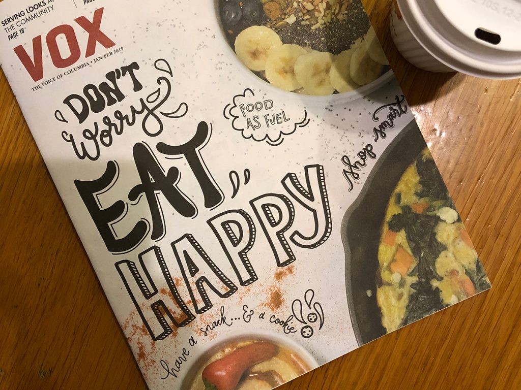Cover of Vox Magazine, January 2019. Don't worry, eat happy