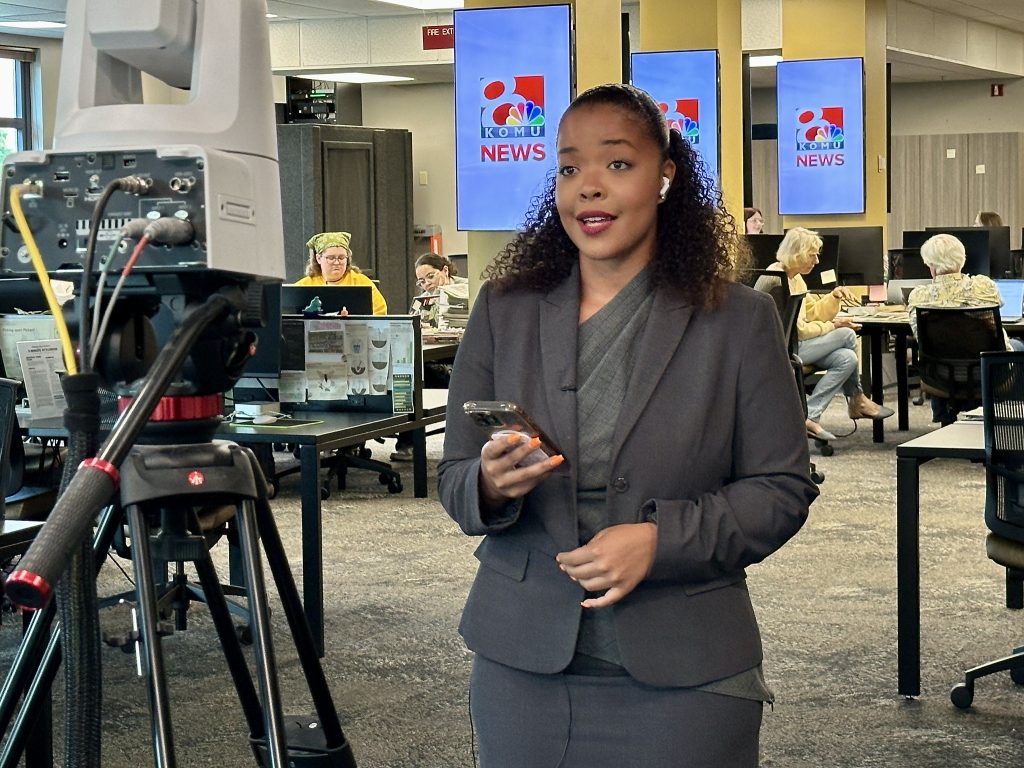 Graduate student Sam Jackson reports live for KOMU-TV’s 6 p.m. newscast on Aug. 4, 2026