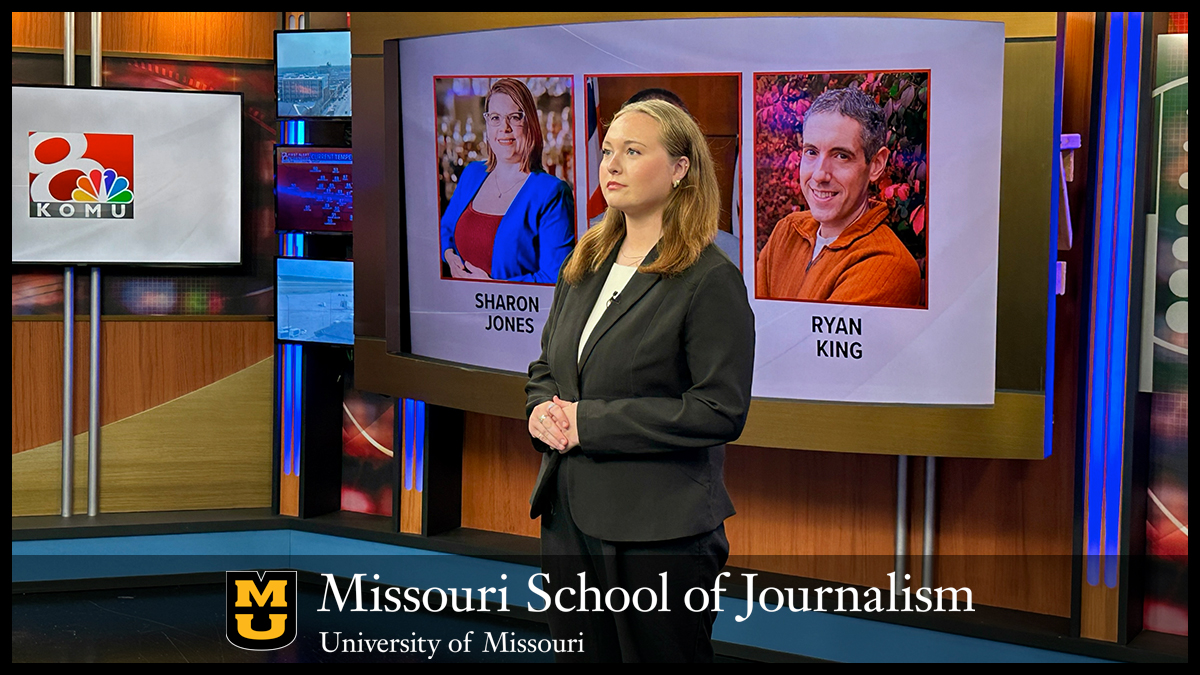 Senior Cooper Ten Bruin reports on the special Columbia City Council Fourth Ward election during the 5 p.m. newscast on KOMU-TV on Aug. 4, 2026. She would later interview Sharon Jones, who won the race, for the 10 p.m. newscast. Photo: Nate Brown